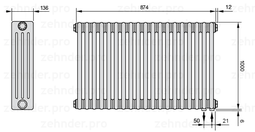 Схема (чертеж) Радиатор Zehnder Charleston 4100/19 №5510 Белый глянцевый RAL 9016